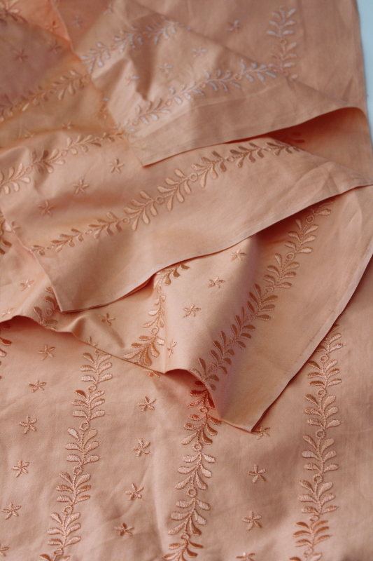 photo of vintage fabric, silky smooth Swiss cotton sateen w/ machine embroidery, cantaloupe melon solid color #4