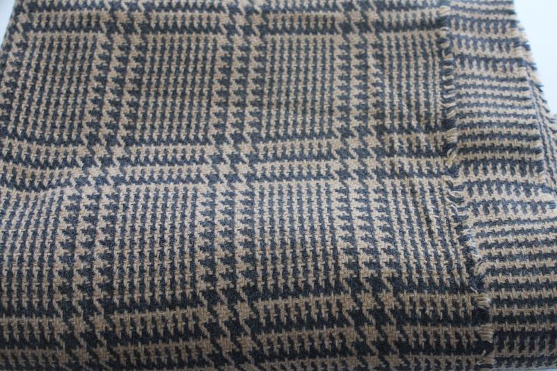 photo of vintage fabric soft fuzzy thick wool w/ warm tan & charcoal houndstooth plaid  #1