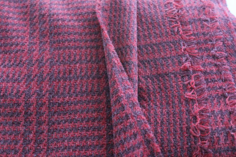 photo of vintage fabric soft fuzzy thick wool w/ wine & dark red houndstooth plaid  #1