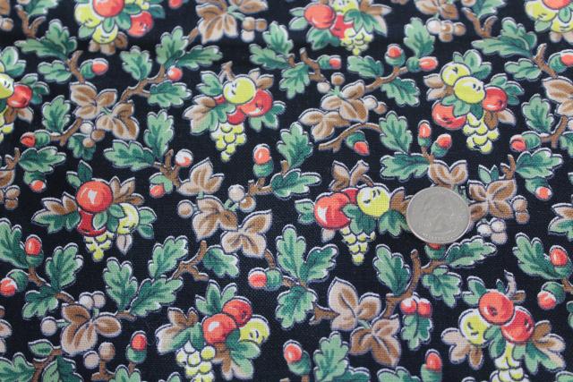 photo of vintage fabric, sturdy cotton duck w/ red & yellow apples print on black #1