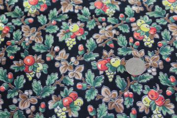 catalog photo of vintage fabric, sturdy cotton duck w/ red & yellow apples print on black