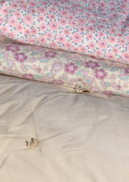 catalog photo of vintage faded floral print cotton duvet eiderdown comforter covers & plain old quilt