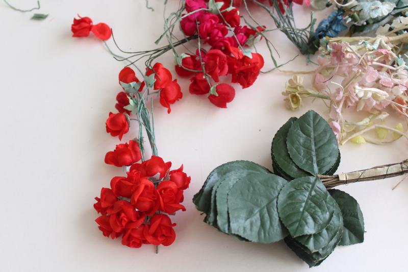 photo of vintage fake flowers & rose leaves, faux silk tiny flower craft trims lot #8