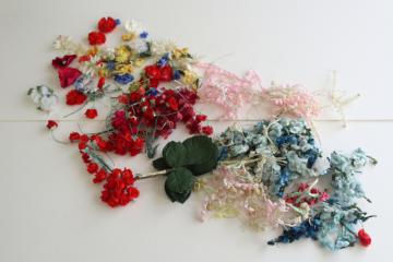 catalog photo of vintage fake flowers & rose leaves, faux silk tiny flower craft trims lot