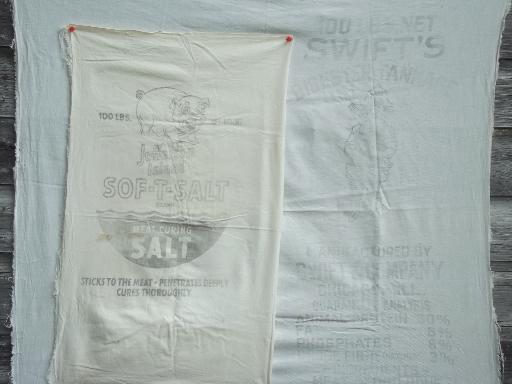 photo of vintage farm advertising sacks, printed cotton bags w/ farmer graphics #1