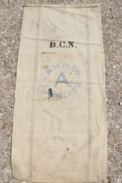 catalog photo of vintage farm country grubby primitive feed bag, heavy cotton grain sack fabric