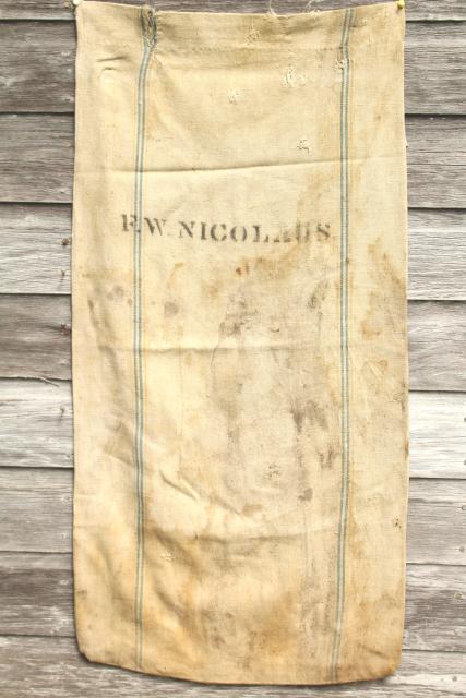 photo of vintage farm country primitive heavy cotton grain sack, Amoskeag seamless striped feed bag #1