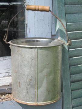 catalog photo of vintage farm primitive bucket, tinned steel milk pail w/ wood handle