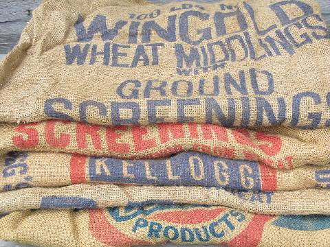 photo of vintage farm primitive burlap feed grain bags w/ bright advertising graphics #1