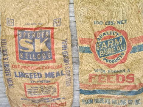 photo of vintage farm primitive burlap feed grain bags w/ bright advertising graphics #3