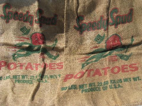 photo of vintage farm primitive burlap potato bags w/ bright advertising graphics, 50 lb sacks #2