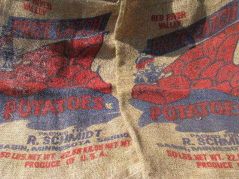 photo of vintage farm primitive burlap potato bags w/ bright advertising graphics, 50 lb sacks #5