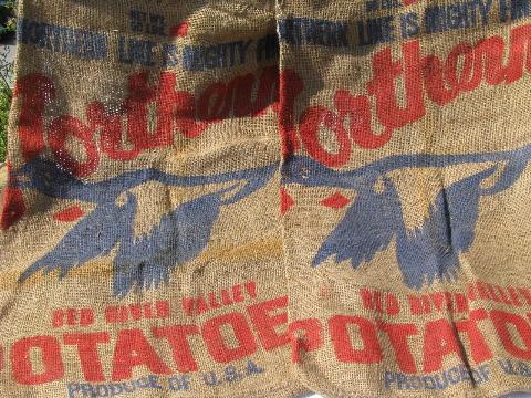 photo of vintage farm primitive burlap potato bags w/ bright advertising graphics, 50 lb sacks #6