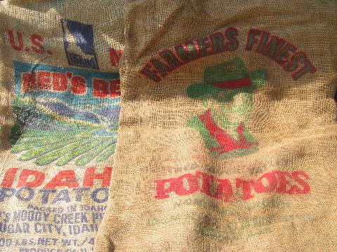 photo of vintage farm primitive burlap potato bags w/ bright advertising graphics, 8 different sacks lot #2 #2