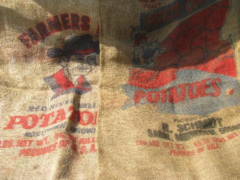 photo of vintage farm primitive burlap potato bags w/ bright advertising graphics, 8 different sacks lot #2 #3