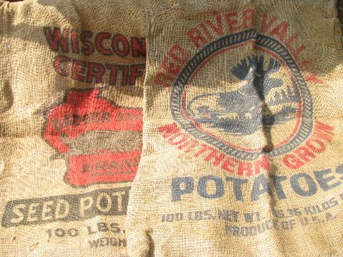 photo of vintage farm primitive burlap potato bags w/ bright advertising graphics, 8 different sacks lot #2 #4