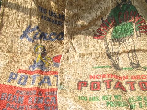 photo of vintage farm primitive burlap potato bags w/ bright advertising graphics, 8 different sacks lot #2 #5