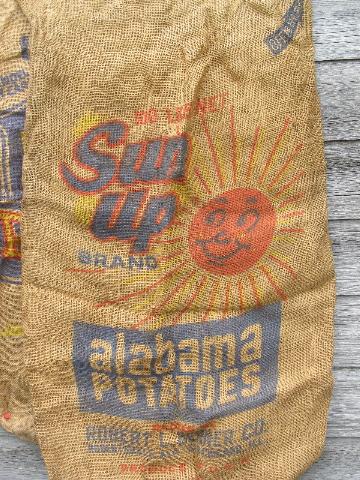 photo of vintage farm primitive burlap potato bags w/ bright advertising graphics #5