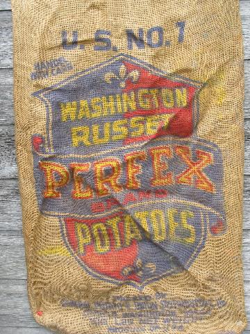 photo of vintage farm primitive burlap potato bags w/ bright advertising graphics #6