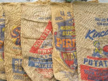 catalog photo of vintage farm primitive burlap potato bags w/ bright advertising graphics