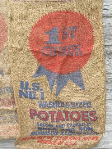 photo of vintage farm primitive burlap potato bags w/ bright advertising graphics #3