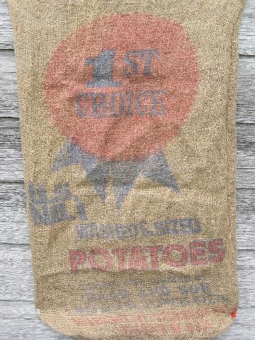 photo of vintage farm primitive burlap potato bags w/ bright advertising graphics #4