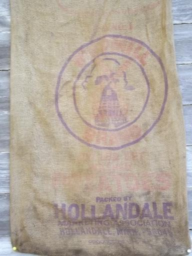 photo of vintage farm primitive burlap potato bags w/ bright advertising graphics #4