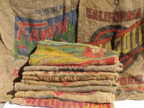 photo of vintage farm primitive burlap potato bags w/ bright advertising graphics, lot of 10 sacks #1