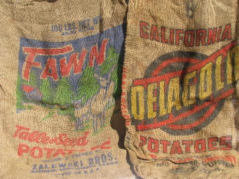 photo of vintage farm primitive burlap potato bags w/ bright advertising graphics, lot of 10 sacks #2