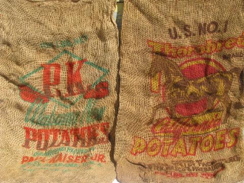 photo of vintage farm primitive burlap potato bags w/ bright advertising graphics, lot of 10 sacks #4