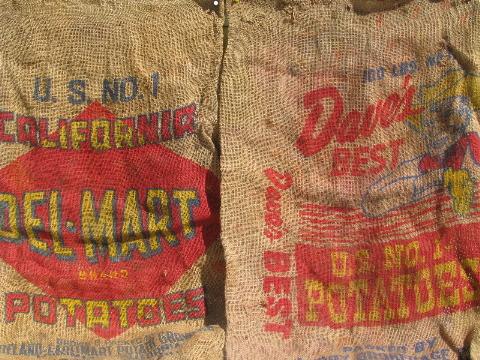 photo of vintage farm primitive burlap potato bags w/ bright advertising graphics, lot of 10 sacks #6