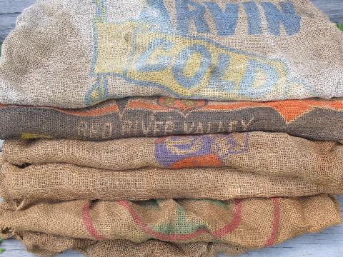 photo of vintage farm primitive burlap potato bags w/ bright advertising graphics, lot of 6 sacks #1