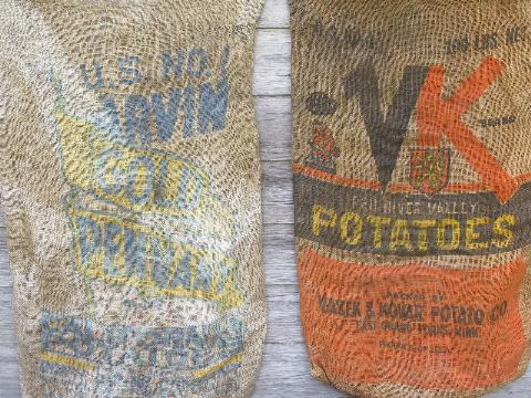 photo of vintage farm primitive burlap potato bags w/ bright advertising graphics, lot of 6 sacks #2