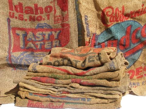 photo of vintage farm primitive burlap potato bags w/ bright advertising graphics, lot of 9 sacks #1