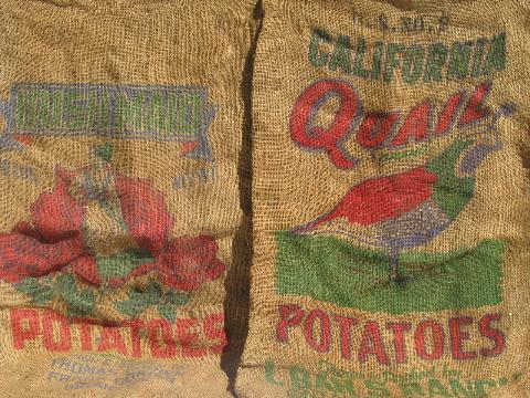 photo of vintage farm primitive burlap potato bags w/ bright advertising graphics, lot of 9 sacks #3