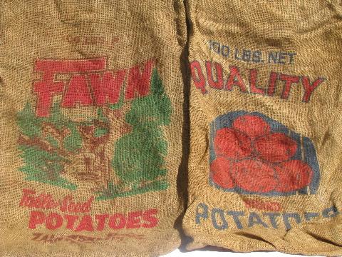 photo of vintage farm primitive burlap potato bags w/ bright advertising graphics, lot of 9 sacks #5