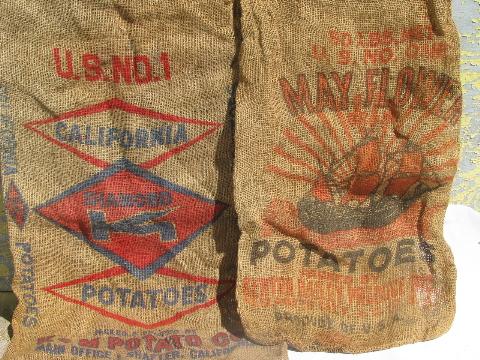 photo of vintage farm primitive burlap potato bags w/ bright advertising graphics, lot of 9 sacks #6