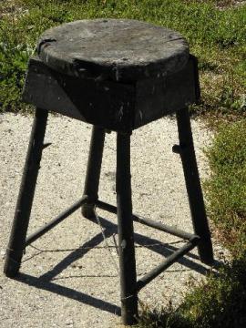 catalog photo of vintage farm primitive rustic wood stool / plant stand, worn old black paint