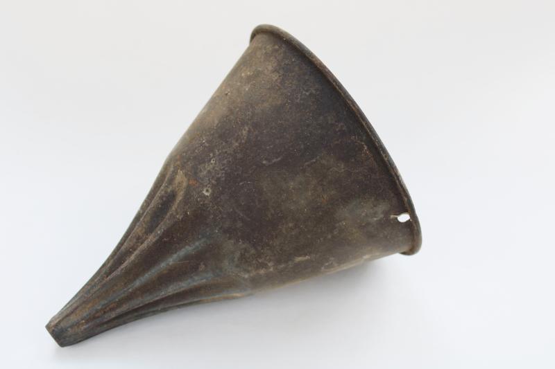photo of vintage farm primitive witch hat shape oil funnel, rustic patina old galvanized zinc #2