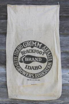 catalog photo of vintage farm seed cotton feedsack w/ Idaho Blackfoot advertising graphics