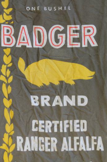 photo of vintage farm seed cotton feedsack w/ Wisconsin badger advertising graphics #2