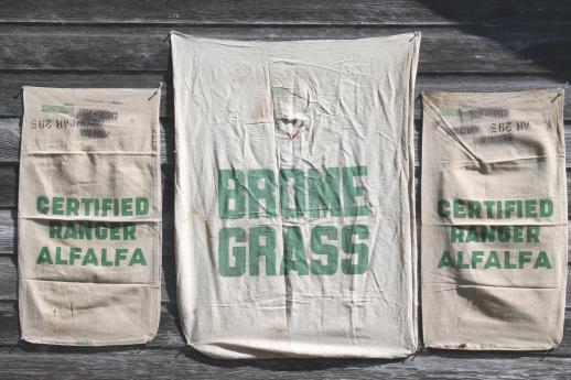 photo of vintage farm seed feedsack lot, primitive cotton sacks printed alfalfa & grass #1