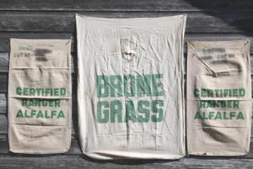 catalog photo of vintage farm seed feedsack lot, primitive cotton sacks printed alfalfa & grass