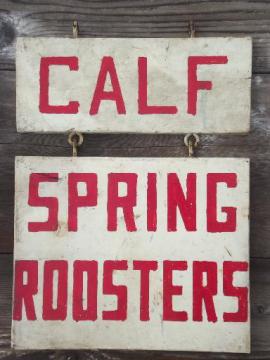 catalog photo of vintage farm signs, primitive painted wood board sign boards for chickens, calf