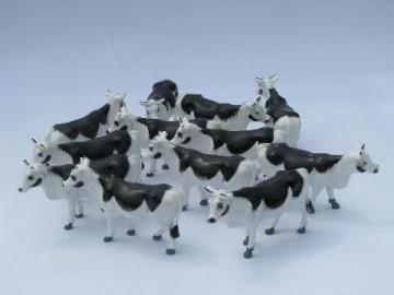 catalog photo of vintage farm toy animals, large old plastic cow lot, model holstein cows