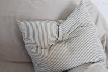 vintage farmhouse blue striped ticking pillow, soft feather filled pillow, rustic primitive decor 