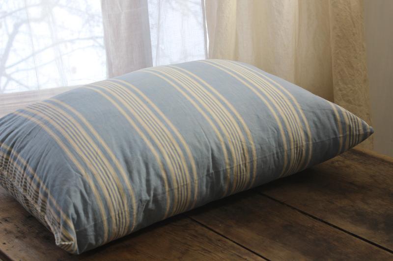 photo of vintage farmhouse blue & white striped cotton ticking feather pillow, big puffy bed pillow #1