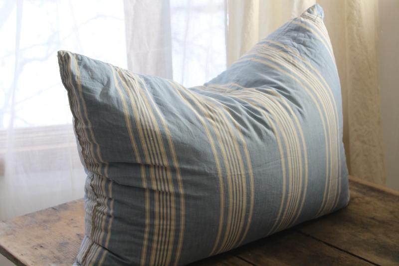 photo of vintage farmhouse blue & white striped cotton ticking feather pillow, big puffy bed pillow #2