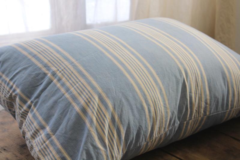 photo of vintage farmhouse blue & white striped cotton ticking feather pillow, big puffy bed pillow #3