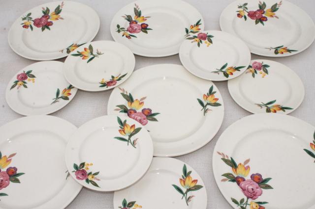 photo of vintage farmhouse china plates, crazed creamy white pottery w/ magnolia floral #3